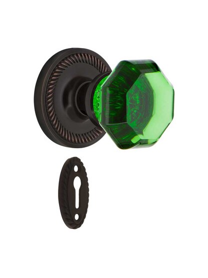 Rope Rosette Mortise Lock Set with Colored Waldorf Crystal Glass Knobs Emerald in Timeless Bronze.